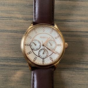Gold Fossil Watch w/ Dark Brown Leather Band